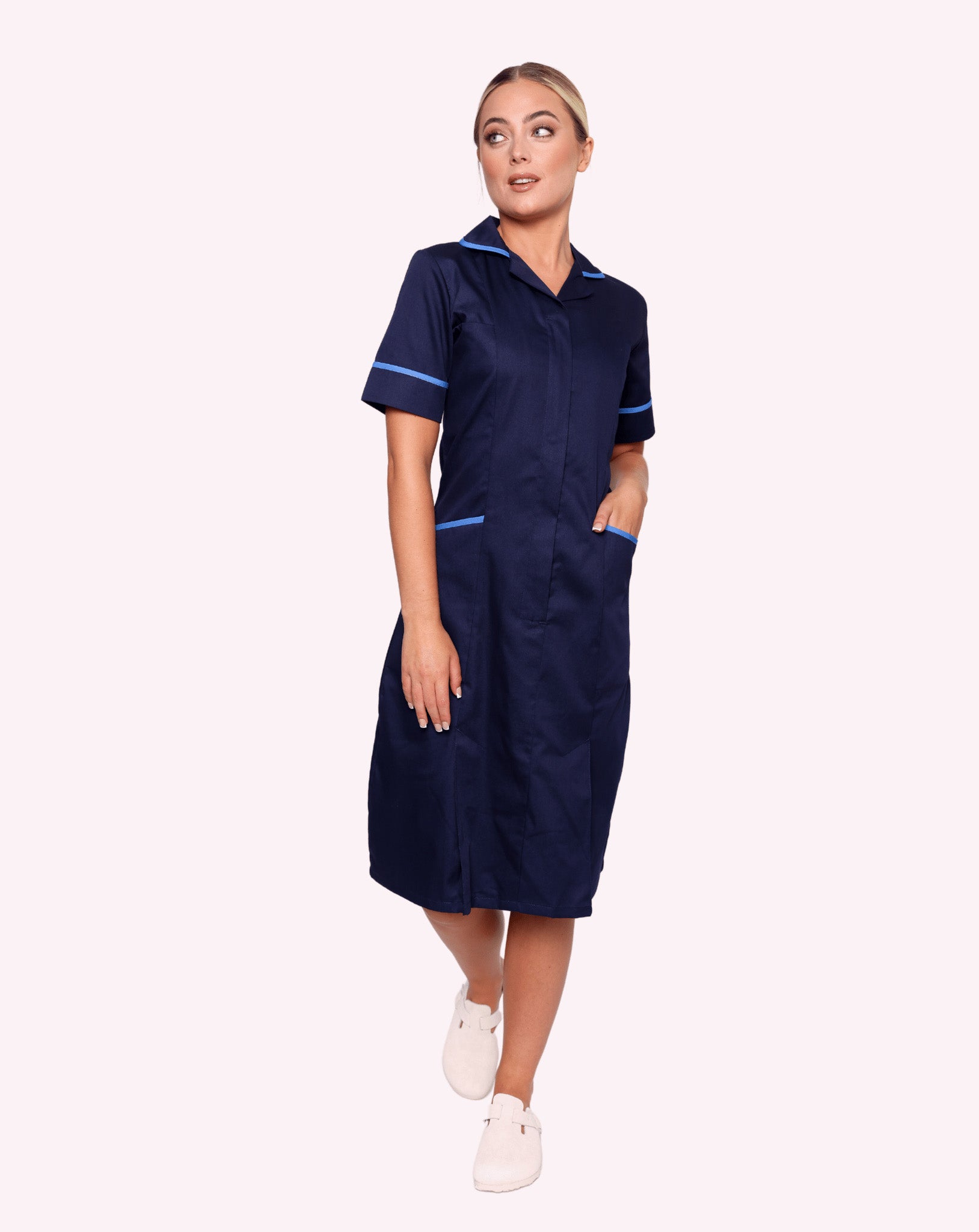 navy blue nurse dress Navy Blue Butterfly Embroidered Medical Scrub Set Women's V-Neck Top Dress Beautiva