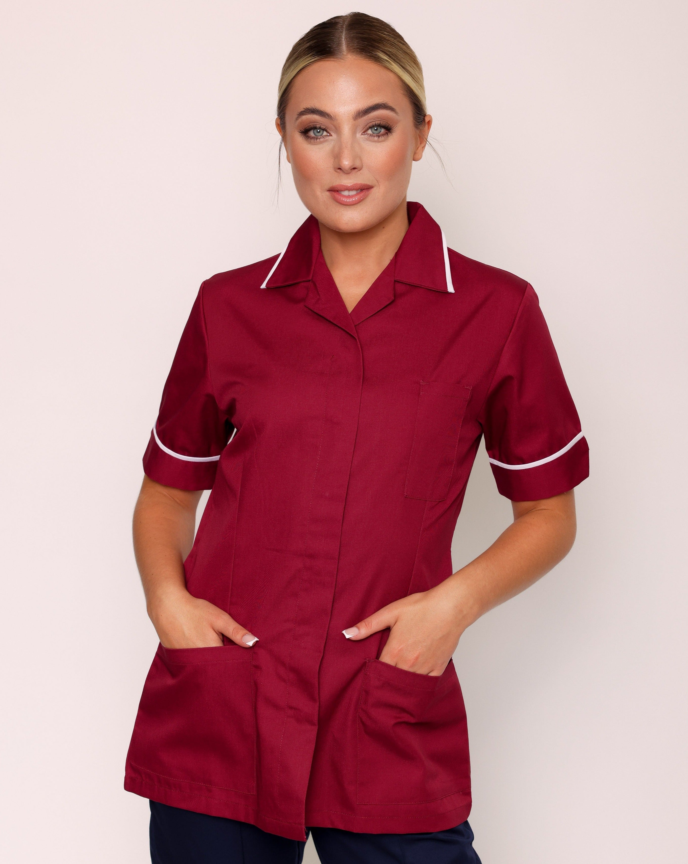 Claira Women's Revere Collar Healthcare Tunic | Burgundy & White