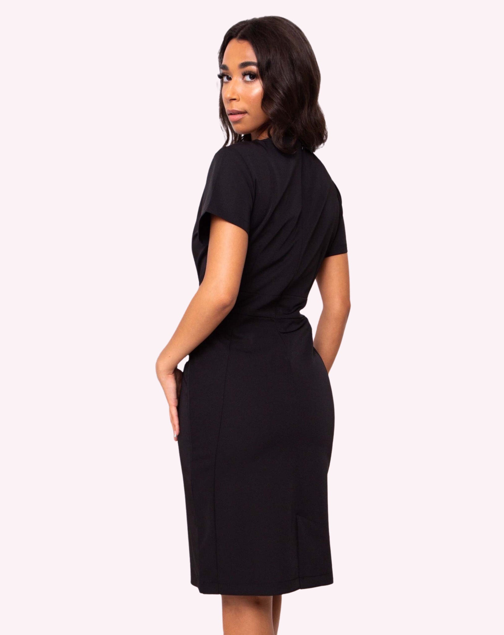 Short sleeve on sale black sheath dress