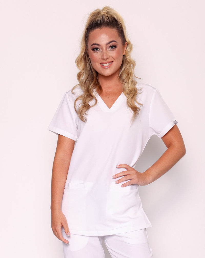 Ari Women's Long Length Scrub Top | White