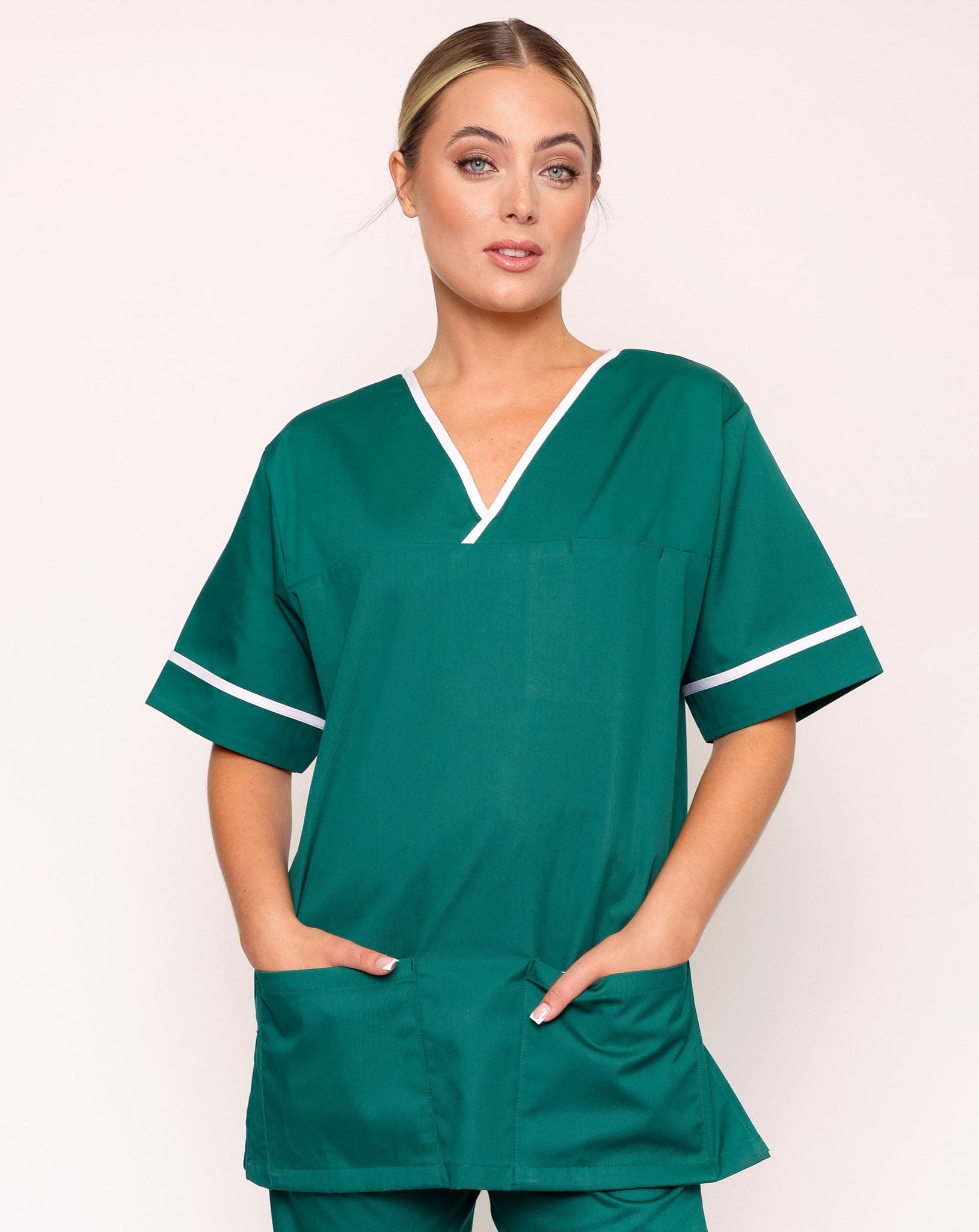 Casey Unisex Smart Scrub Tunic - Bottle Green / White